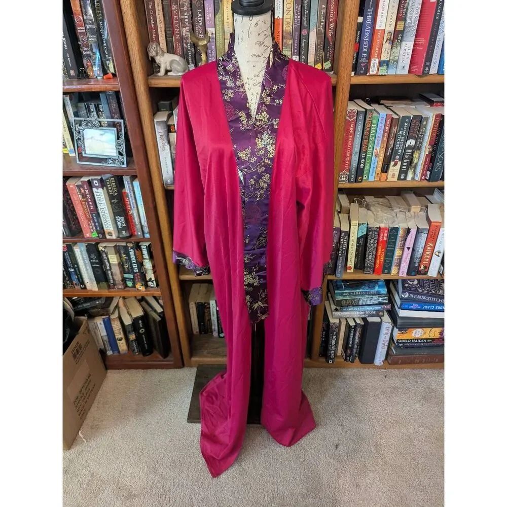Vintage Pink Robe Long Duster Purple Floral Satin Pattern Lounge Loungewear M/L